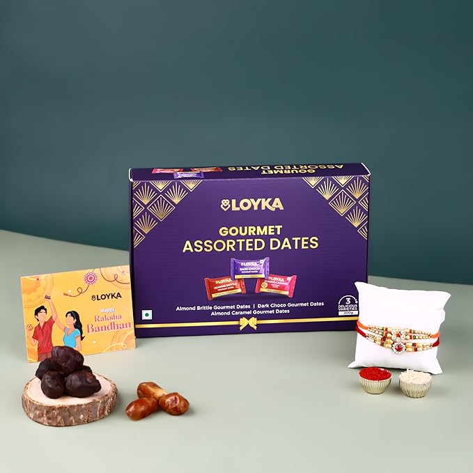 LOYKA Rakhi Gourmet Assorted Dates - 21 pcs with 2 Rakhi (Assorted), Card & Roli-Chawal | Choco Khajoor Gift Hamper for Raksha Bandhan Brother - Sister Gift | Chocolate - Almond Brittle - Caramel Almond