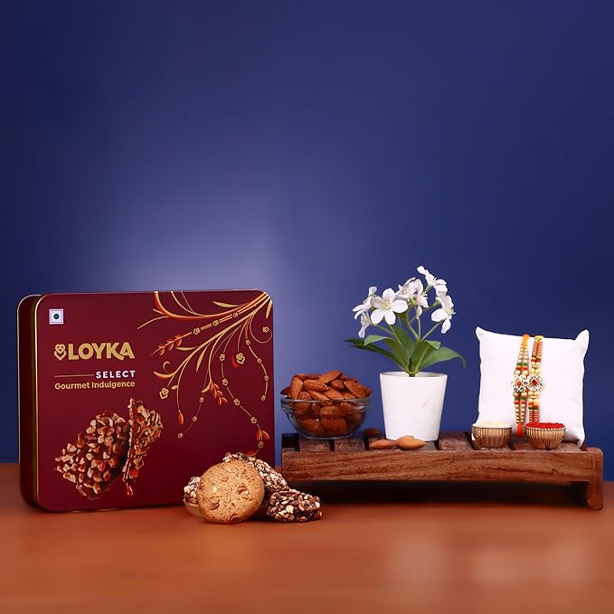 Loyka Select Majestic Maroon Tin (Reusable) With 2 Rakhi, Roli, Chawal, Card – 3 Almond Brittle Gold, 3 Brownie, 4 Pops, 2 Almond Cookies – A Premium Treat Box for Gifting & Indulgence (Assorted Rakhi)