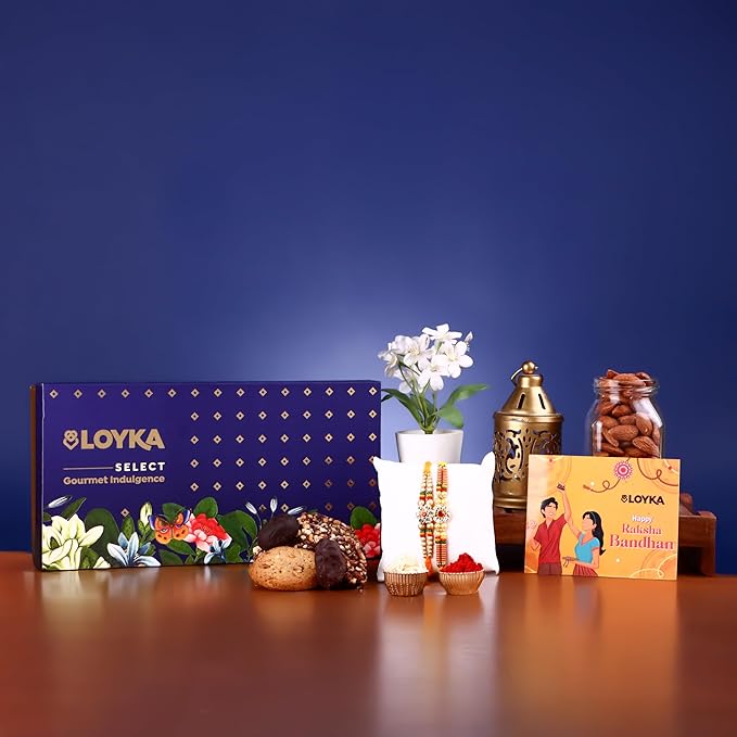 Loyka Bageecha Gift Box with 2 Rakhi, Roli, Chawal & Card | Assorted Premium Chocolate & Nuts Hamper | Dryfruit Delicacy | Gift for Diwali, Birthdays, Anniversary, or Any Occasion | Assorted Rakhi
