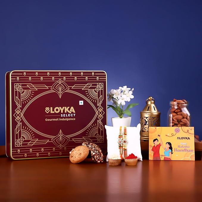 Loyka Select Regal Tin (Reusable) With 2 Rakhi, Roli, Chawal & Card – A Luxurious Gifting Delight with 5 Almond Brittle Gold, 5 Brownie, 8 Pops, 6 Cookies & Rich Dark Chocolate Almond Treats