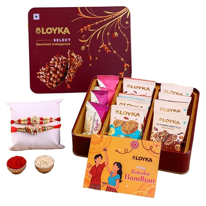 Loyka Select Majestic Maroon Tin (Reusable) With 2 Rakhi, Roli, Chawal, Card – 3 Almond Brittle Gold, 3 Brownie, 4 Pops, 2 Almond Cookies – A Premium Treat Box for Gifting & Indulgence (Assorted Rakhi)