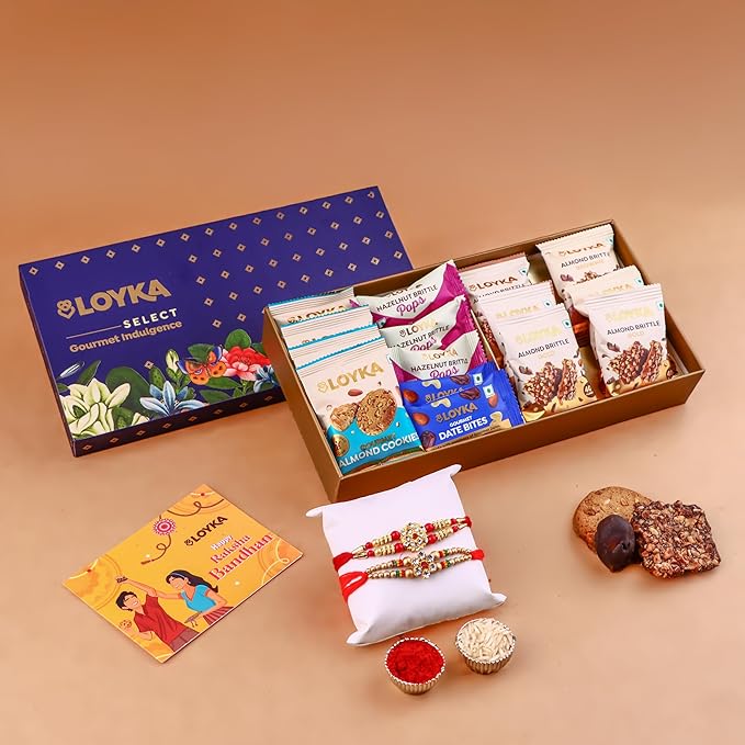 Loyka Bageecha Gift Box with 2 Rakhi, Roli, Chawal & Card | Assorted Premium Chocolate & Nuts Hamper | Dryfruit Delicacy | Gift for Diwali, Birthdays, Anniversary, or Any Occasion | Assorted Rakhi
