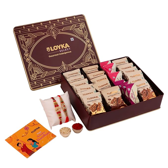 Loyka Select Regal Tin (Reusable) With 2 Rakhi, Roli, Chawal & Card – A Luxurious Gifting Delight with 5 Almond Brittle Gold, 5 Brownie, 8 Pops, 6 Cookies & Rich Dark Chocolate Almond Treats