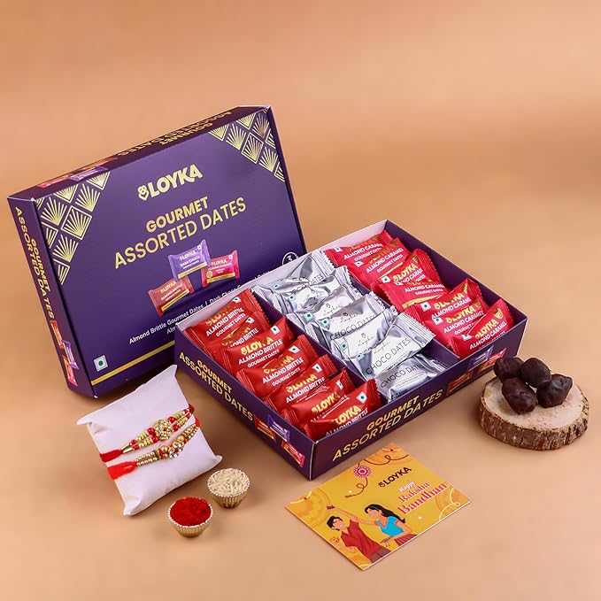 LOYKA Rakhi Gourmet Assorted Dates - 21 pcs with 2 Rakhi (Assorted), Card & Roli-Chawal | Choco Khajoor Gift Hamper for Raksha Bandhan Brother - Sister Gift | Chocolate - Almond Brittle - Caramel Almond
