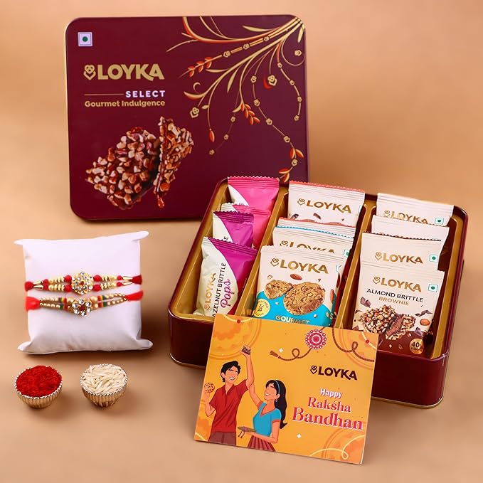 Loyka Select Majestic Maroon Tin (Reusable) With 2 Rakhi, Roli, Chawal, Card – 3 Almond Brittle Gold, 3 Brownie, 4 Pops, 2 Almond Cookies – A Premium Treat Box for Gifting & Indulgence (Assorted Rakhi)