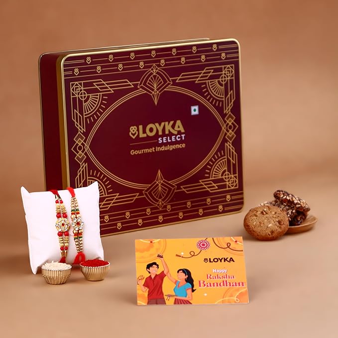 Loyka Select Regal Tin (Reusable) With 2 Rakhi, Roli, Chawal & Card – A Luxurious Gifting Delight with 5 Almond Brittle Gold, 5 Brownie, 8 Pops, 6 Cookies & Rich Dark Chocolate Almond Treats