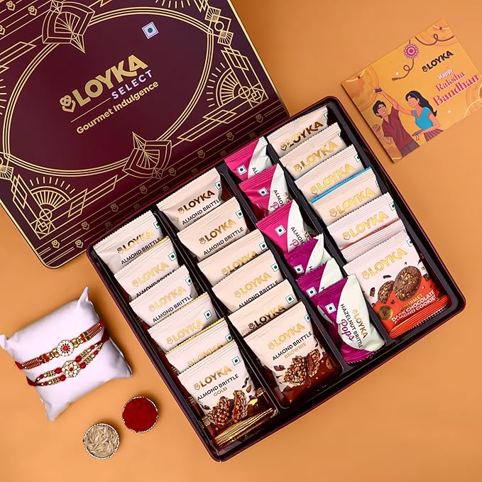 Loyka Select Regal Tin (Reusable) With 2 Rakhi, Roli, Chawal & Card – A Luxurious Gifting Delight with 5 Almond Brittle Gold, 5 Brownie, 8 Pops, 6 Cookies & Rich Dark Chocolate Almond Treats