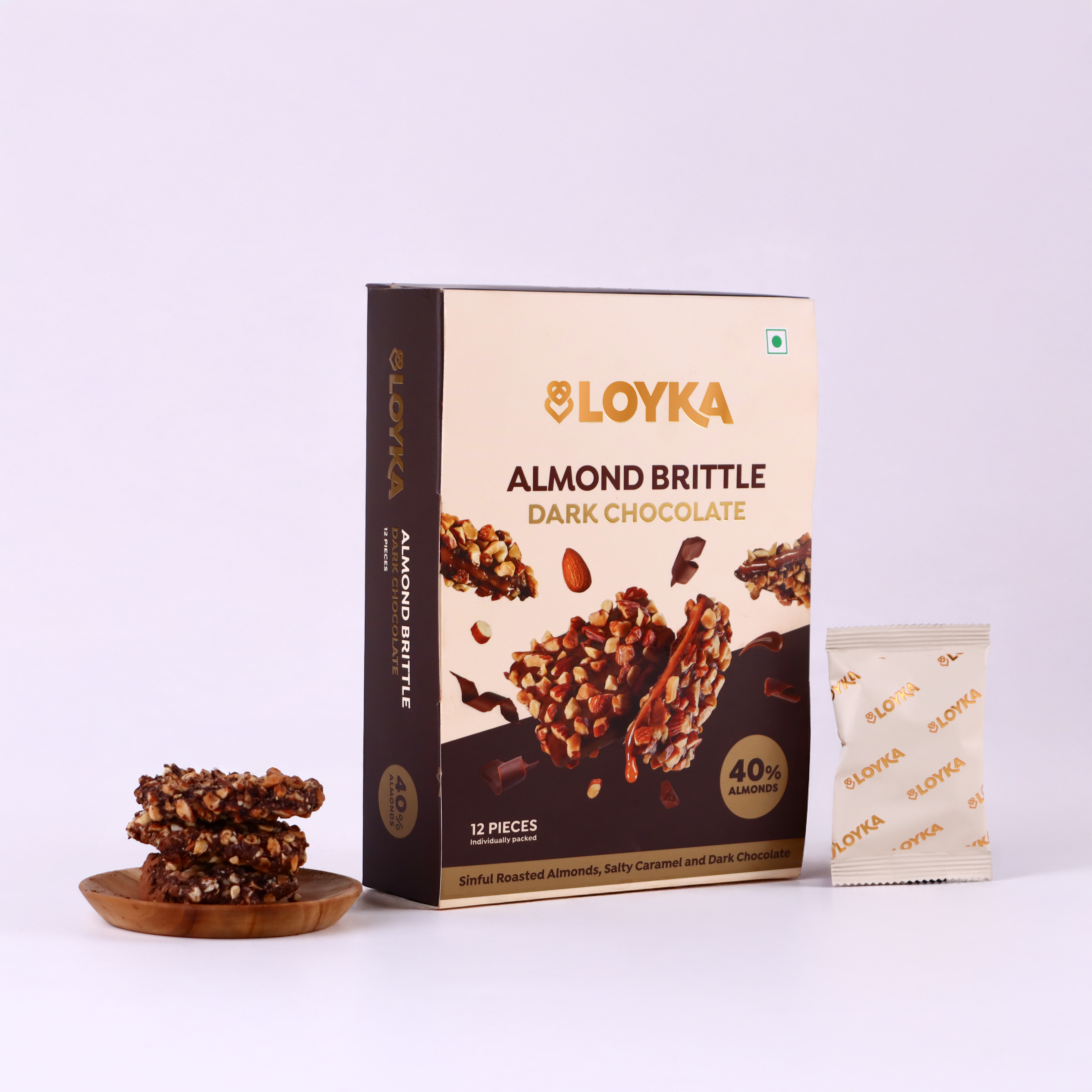 Almond Brittle Dark Chocolate 12 pcs Box With 46% Ghana Dark Chocolate