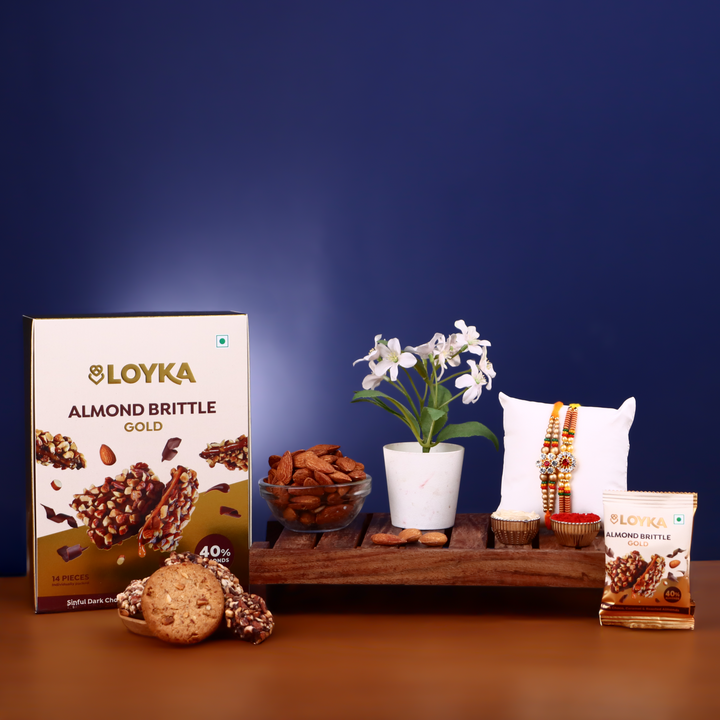 LOYKA Almond Brittle Gold Choco Box 14 Pcs with 2 Rakhi, Roli, Chawal & Card | |Choco & Nut Dryfruit Delicacy | Roasted California Almonds (40%),Premium Chocolate Gift HamperDark Choco,Salted Caramel,Any-Time Snack (Assorted Rakhi)