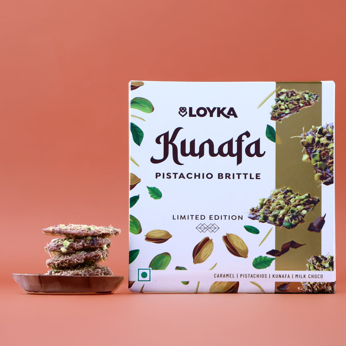 Loyka Kunafa Pistachio Brittle (7 pcs) & Almond Brittle Gold (1 pc) – Premium brittle with Caramel, Pistachio & Kunafa Crunch