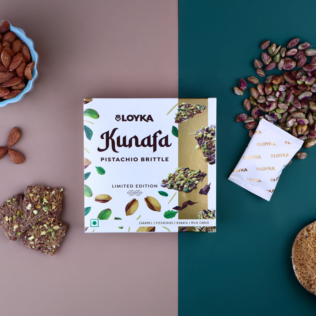 Loyka Kunafa Pistachio Brittle (7 pcs) & Almond Brittle Gold (1 pc) – Premium brittle with Caramel, Pistachio & Kunafa Crunch