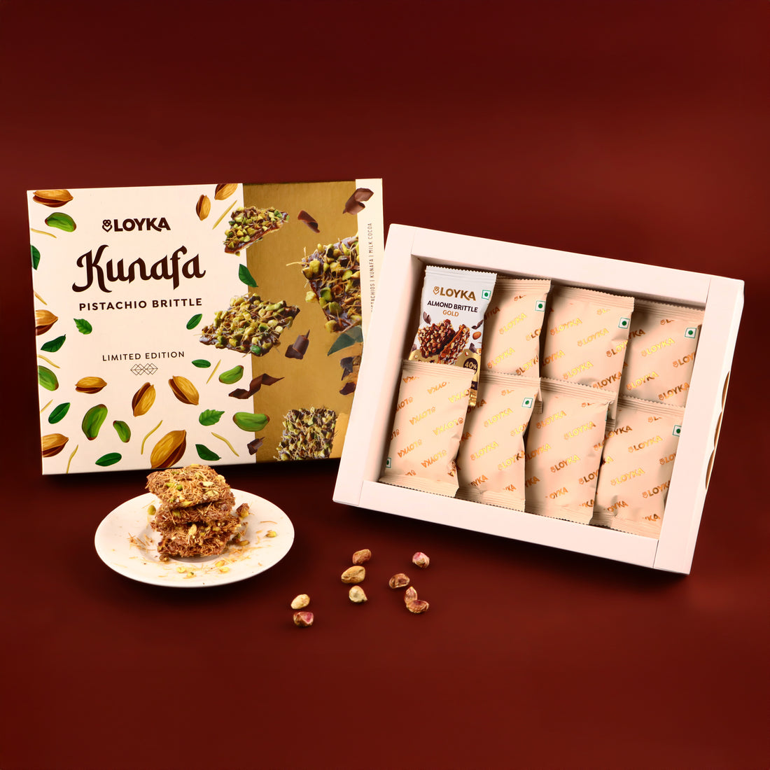 Loyka Kunafa Pistachio Brittle (7 pcs) & Almond Brittle Gold (1 pc) – Premium brittle with Caramel, Pistachio & Kunafa Crunch
