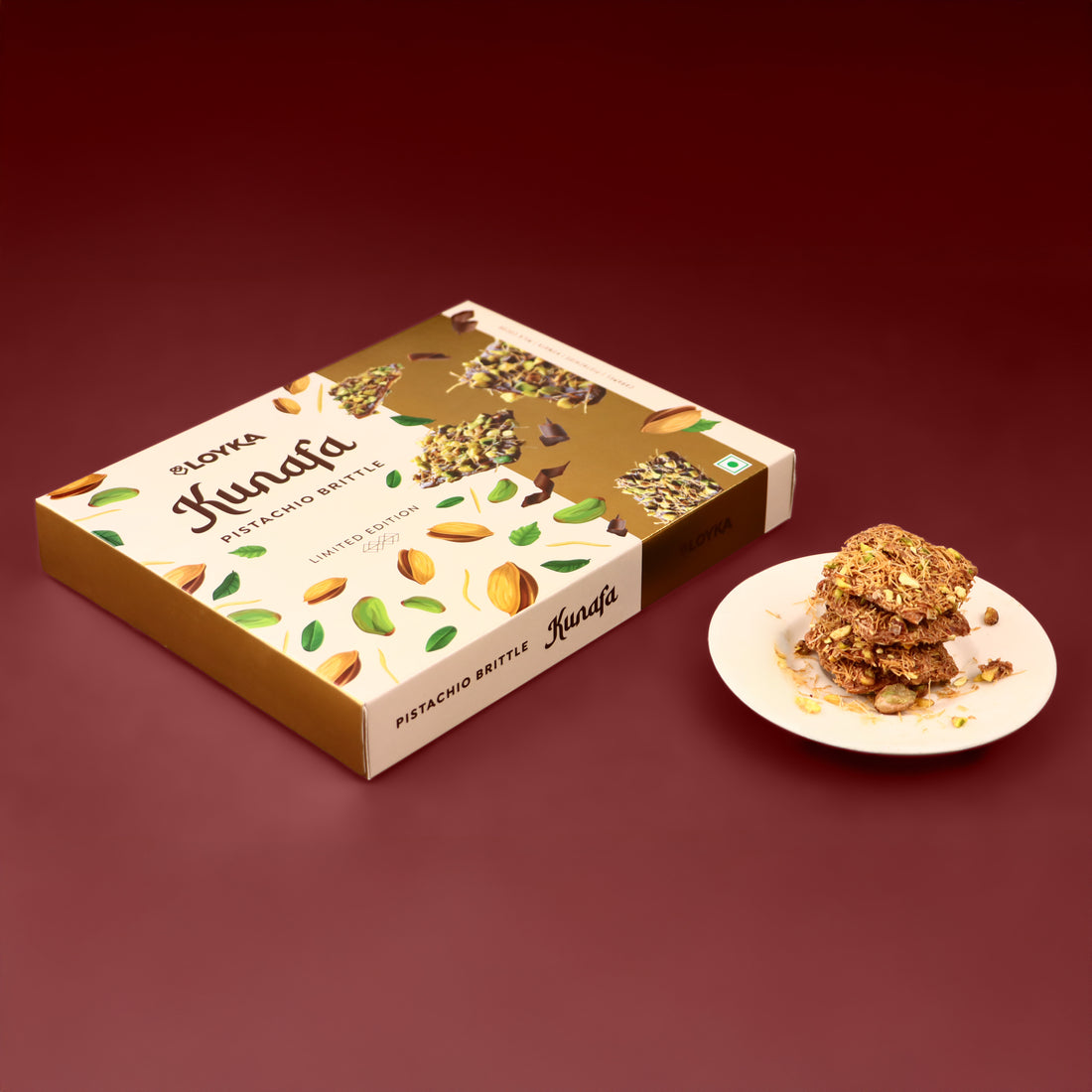 Loyka Kunafa Pistachio Brittle (7 pcs) & Almond Brittle Gold (1 pc) – Premium brittle with Caramel, Pistachio & Kunafa Crunch